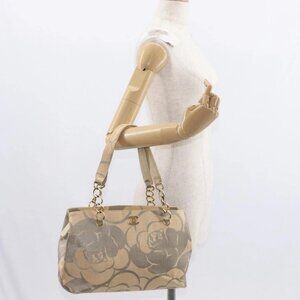 CHANEL Camelia Tote Bag Straw Beige Gold